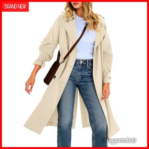 Long Trench Coat Double Breasted Notch Lapel Lightweight Oversized Windproof